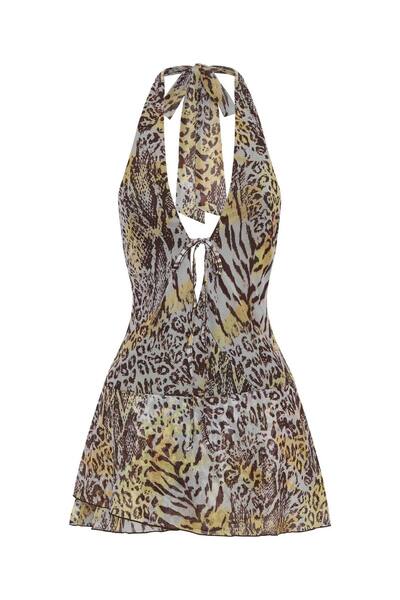 Miss Women's Leopard Print Halter Neck Mini Dress with Open Back and Ruffles