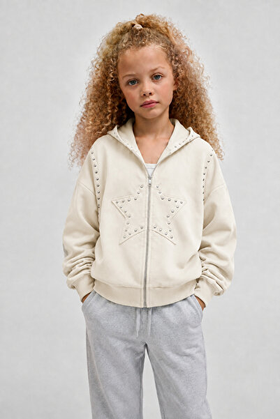 RAMİOR COLLECTION Girl's Hooded Zippered Hoodie Cardigan with Star Detail Ove...