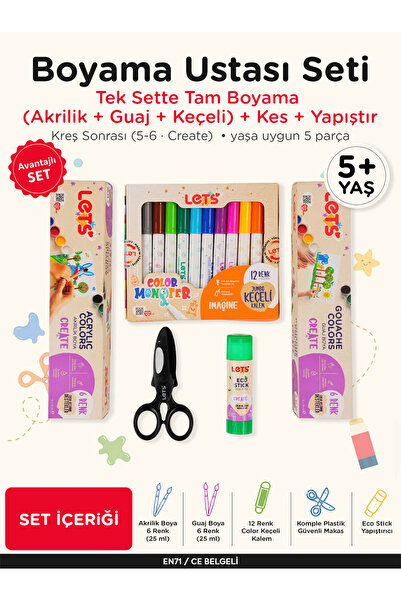 Lets Boyama Ustası Çocuk Sanat Boya Seti (Akrilik + Guaj + Keçeli Kalem + Mak...