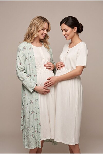 Pelin Women's Green Floral Patterned Lace Maternity Nightgown Set