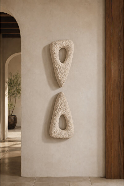 Muyika Design Wabi Sabi Duvar Dekoru 2'li Set Siyah Beton Taş Görünümlü Dokulu Soyut Duvar Pano Obje MUYİKA-2'li Üçgen Krem