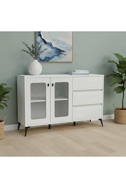 BEC20 Modern Wood Buffet Cabinet with Ribbed Glass Doors