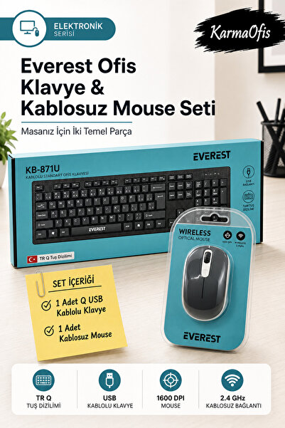 Everest KB-871U Q USB Kablolu Klavye ve 1600 DPI 2.4 GHz Kablosuz Mouse Seti Gri