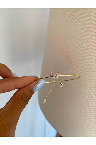 Bade Jewelry Fd Vip Gold Pink Stone Butterfly Detailed Tarnish-Resistant Stee...