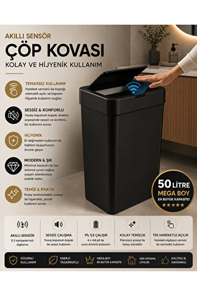Mayaglory 50 Litre Mega Boy Pratik Akıllı Sensör Çöp Kovası Temazsız Çöp Kova...