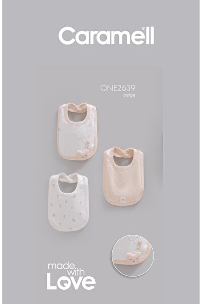 Caramell Barbosa Baby 3-Piece Cotton Bib with Teddy Bear Unisex - Beige