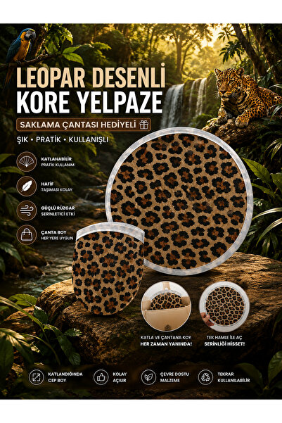 KEA Leopar Desenli Kore Yelpaze Katlanabilir El Yelpazesi Saklama Çantalı Hed...
