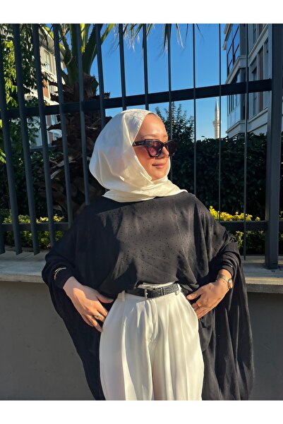PRLYA TAŞLI YAZLIK ŞIK DÖKÜMLÜ SİYAH PANÇO