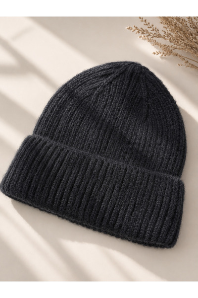 Antrasit Fitilli Yumuşak Dokulu Unisex Örme Kışlık Bere