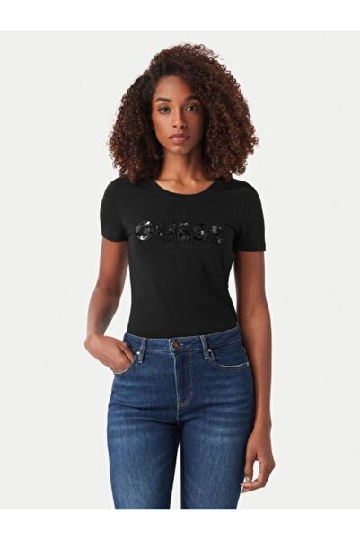 Guess SİYAH PAYETLİ LOGOLU KADIN T-SHIRT