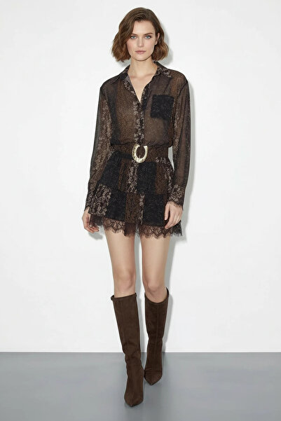 Efnaz style Women's Lace Detailed Patterned Belted Flounce Tulle Bitter Brown...