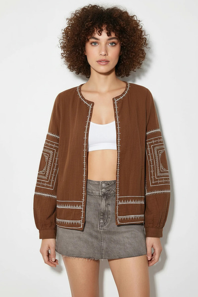 Efnaz style Women's Embroidery Detailed Summer Muslin Tan Jacket