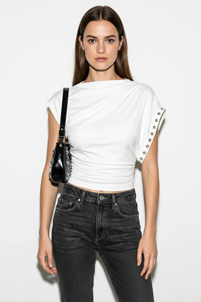 Generic Brand Women's Boat Neck Eyelet Studded Side Gathered Waist Fitted Dra...