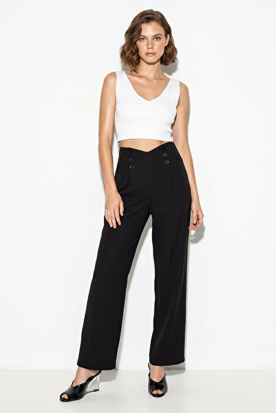 Efnaz style Women's Button Detailed High Waist Straight Leg Fabric Black Trou...