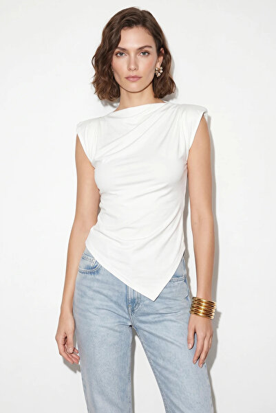 Generic Brand Women's Boat Neck Padded Asymmetrical Cut White Blouse with Sid...