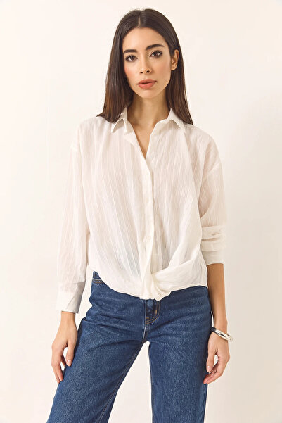 Efnaz style Women's Gathered Detailed Jacquard Striped V-Neck Loose White Shirt