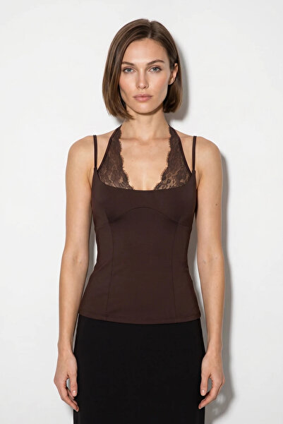 Şeker Portakalım Women's Lace Detailed Halter Neck Snap Fastener Bitter Brown...