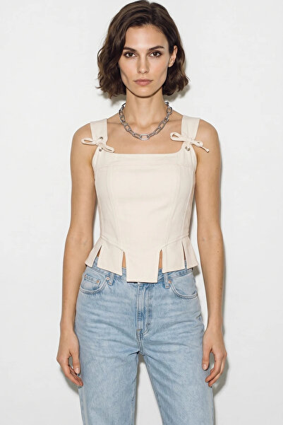 Efnaz style Women's Rope Detailed Corset Woven Cream Blouse