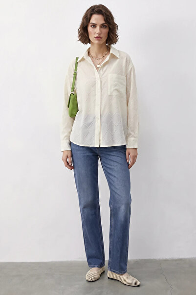 Efnaz style Women's Self-Textured Patterned Cotton Cream Shirt
