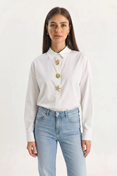 Efnaz style Women's White Shirt with Gold Button Accessories