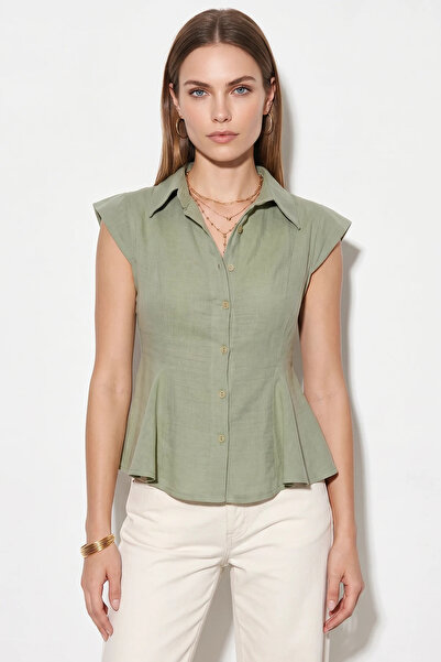 Efnaz style Women's Waist-Slit Flounce Cut Linen Textured Cotton Green Shirt