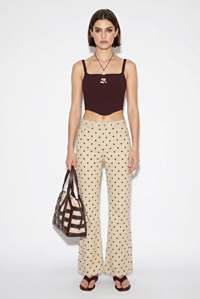 Efnaz style Women's Polka Dot Mini Bell Mid Waist Denim Trousers Beige Brown