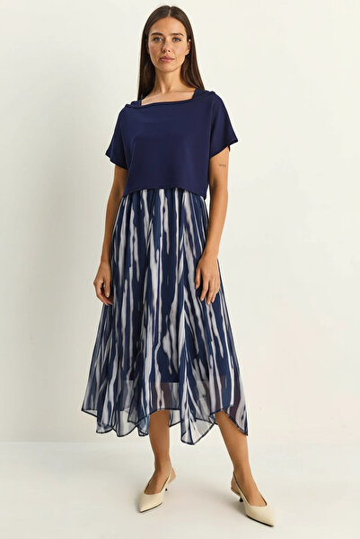 Efnaz style Women's Crop T-Shirt Detailed Lined Strap Chiffon Midi Navy Blue ...