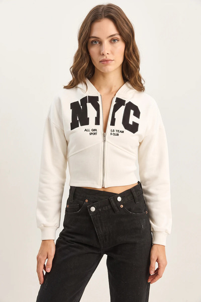 Generic Brand Women's Nyc Embroidered Three Thread Embroidered Hooded Crop Wh...