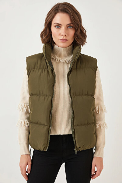 Efnaz style Women's Hakim Collar Double Pocket Elastic Khaki Vest