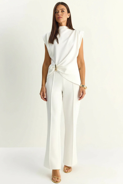 Efnaz style Women's Accessory Detailed Padded Blouse High Waist Ribbed White ...