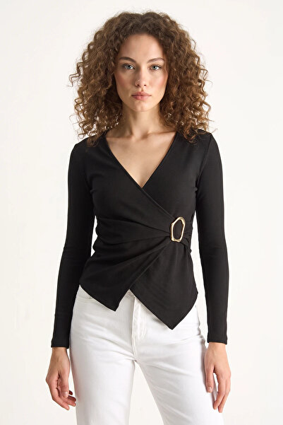 Şeker Portakalım Women's Double Breasted Collar Gold Buckle Detailed Long Sle...