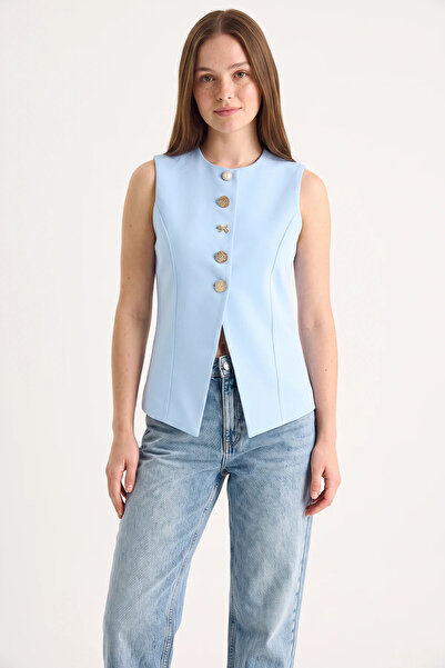 Efnaz style Women's Crew Neck Gold Button Detailed Lined Woven Baby Blue Vest