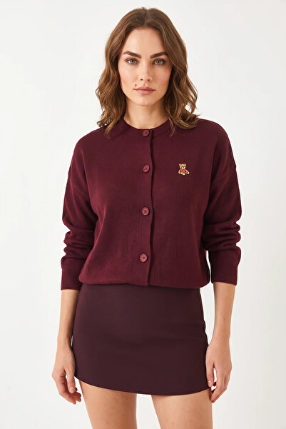 Efnaz style Women's Embroidered Buttoned Knitwear Burgundy Cardigan