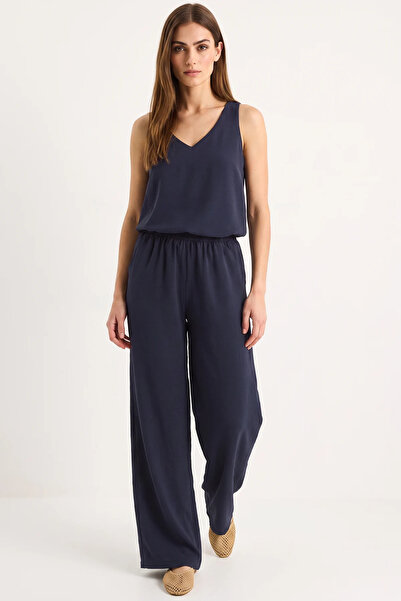 Efnaz style Women's V-Neck Strap Blouse with Palazzo Pants Navy Blue Bottom-T...