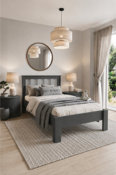 EGN WOODS Modern Karbon Gri MDF Karyola - Tek ve Çift Kişilik Yatak Ölçü Seçe...