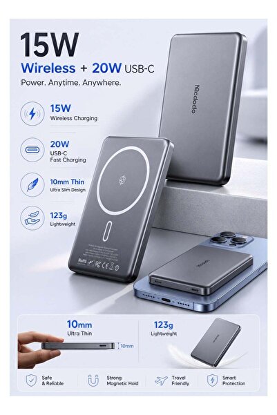 Mcdodo Magnetic Wireless Power Bank, Ultra-Thin 10mm, 5000mAh, 15W Wireless +...