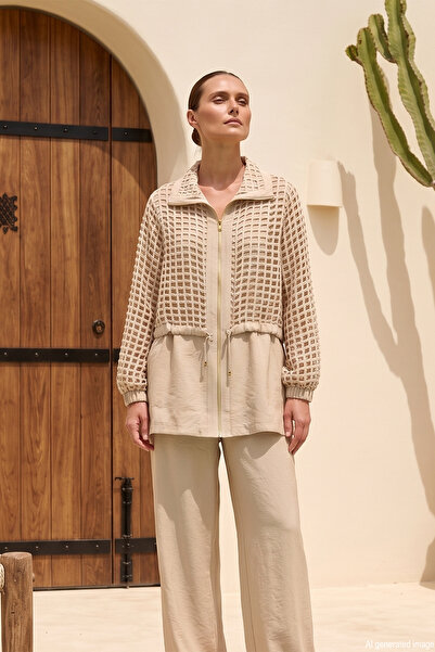 Nuss Top Mesh Detail Trouser Suit 1069 Beach Beige