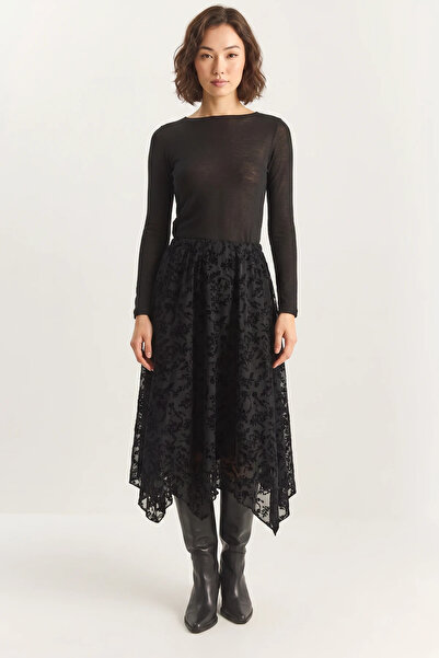 Efnaz style Women's Patterned Lined Asymmetrical Cut Elastic Waist Midi Black...
