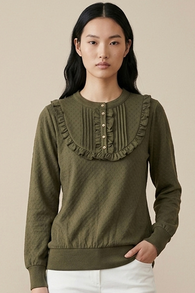 Şiir  Hakim Yaka Ruffle Detail Ribbed Buttoned Knitted Jacquard Combed Cotton...