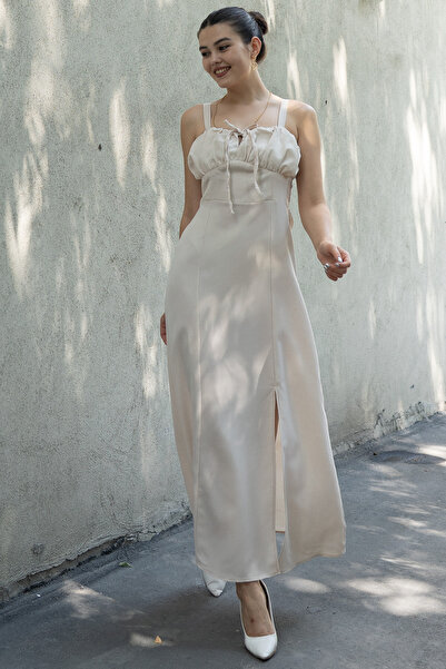 MissVina Women's Cream Color Gathered Front Slit Long Dress with Straps 50322