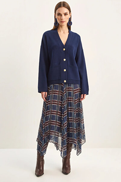 Generic Brand Women's Plaid Patterned Crinkle Effect Lined Midi Chiffon Navy ...