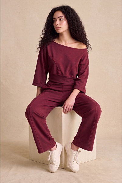 peralist Women's Burgundy Crop Sweatshirt Boat Neckline Stitching Detailed Sw...