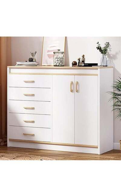 Generic Chest of Drawers, Wooden Storage Cabinet with 5 Dawers and 2 Doors fo...