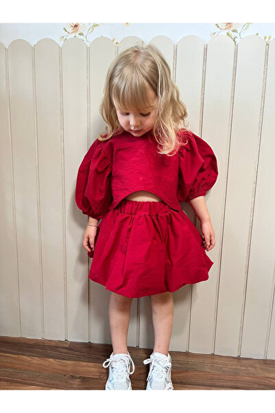 Generic Brand Girl's Balloon Sleeve Blouse and Skirt Set Red