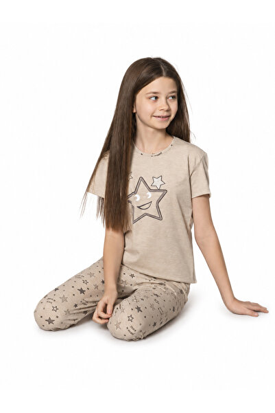turkish Girls' Beige Smiling Star Print Top and Star Print Pants Pajama Set -