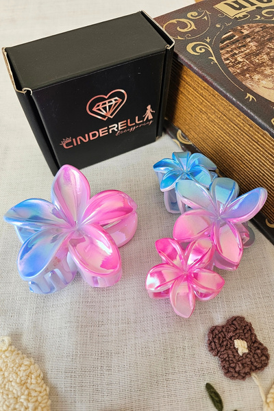 Cinderella Set of 2 Pearlescent Blue Pink Floral Lotus Hair Clips - Hawaiian ...