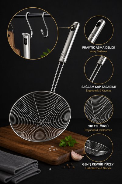 Ercazzo 4-Piece Stainless Steel Colander Set 4 Different Sizes Wire Colander Strainer Potato Frying Oil Strainer Steel Wire Scoop