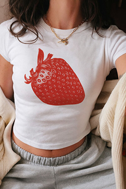 designedfy Kadın Çilek Baskılı Pamuklu Likralı Crop Beyaz