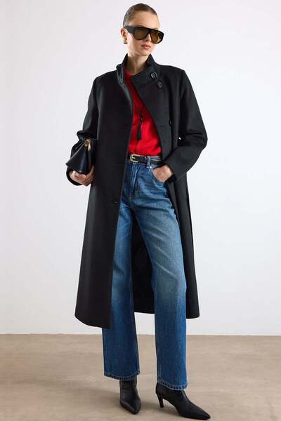 Olcay High Collar Double Breasted Long Coat Black 3176