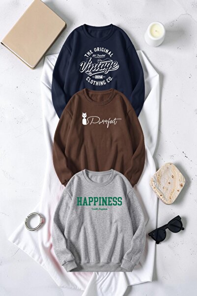 uyguntarz Unisex Mixed Printed Crew Neck Sweatshirt Set – Pack of 3